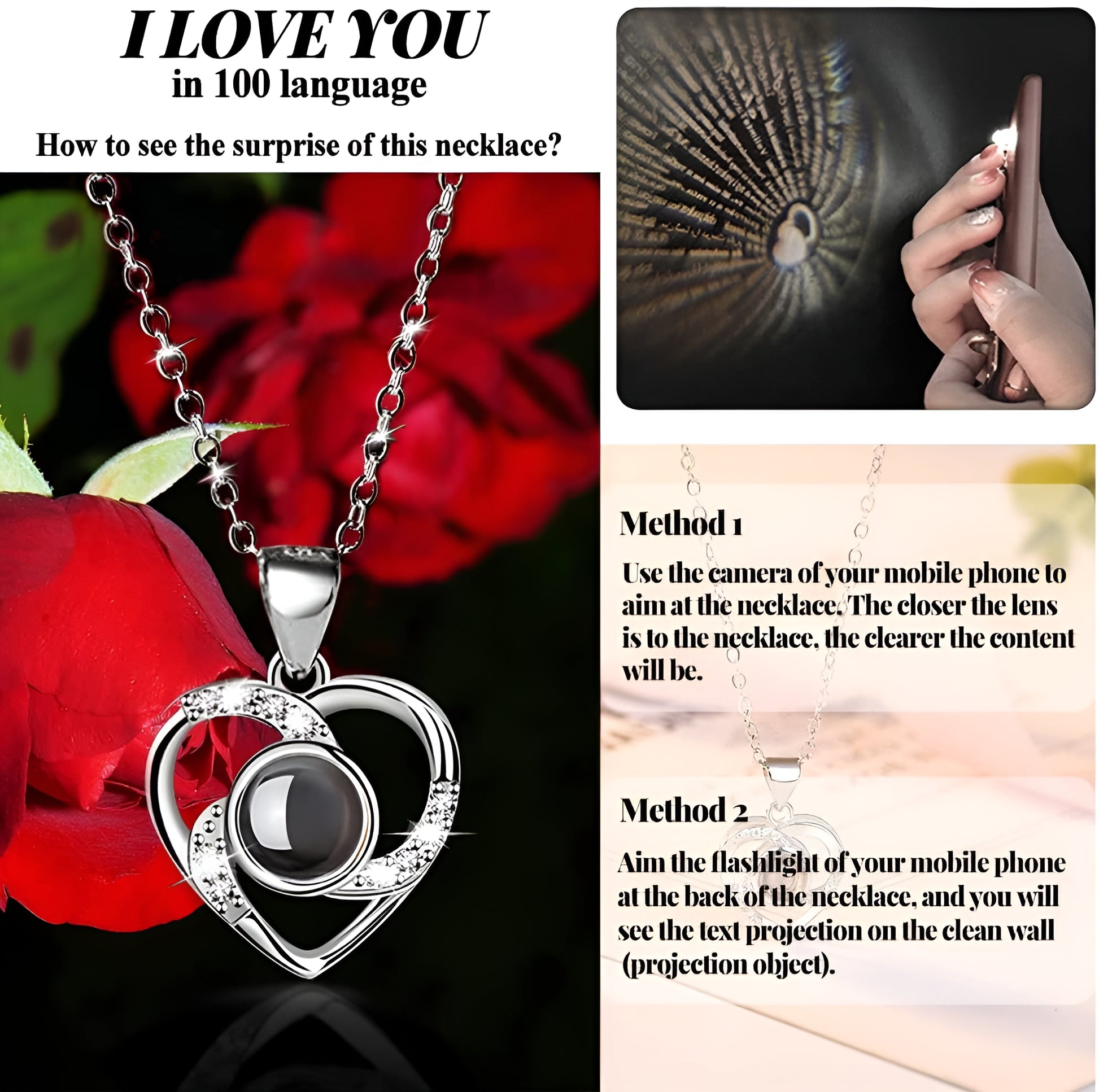 Red Rose with I Love You Necklace 100 Languages,Gifts for Mom Wife Women Sister Grandma Girlfriend,Gifts Ideas for Christmas Valentines Day Mothers Day Anniversary Birthday